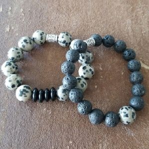 Dalmatian  and Lava Stone Bracelet Set